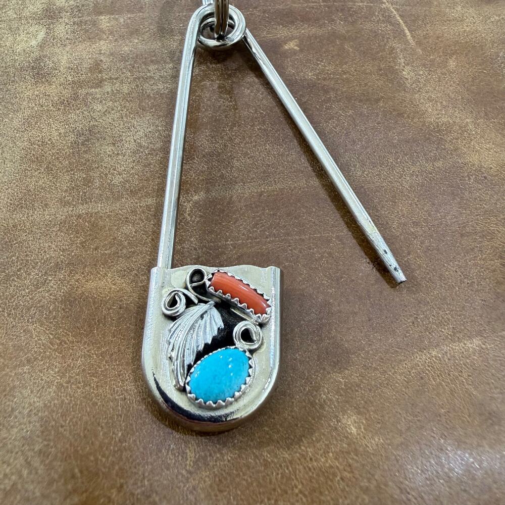 Native American Navajo Key Chain Safety Pin Sterling Silver Turquoise & Coral - Picture 5 of 7